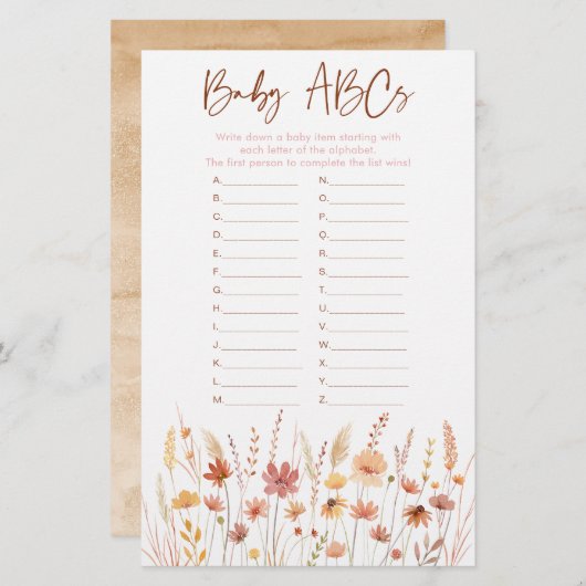 ボホワイルドフラワーズABCベビーシャワーゲーム (正面/裏面)