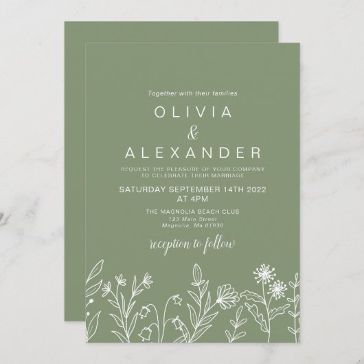 ボホワイルドフラワーセージ緑結婚式招待状 招待状 (正面/裏面)