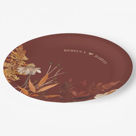 ボホワイルドフラワーテラコッタオータム秋の結婚式 ペーパープレート (アングル)