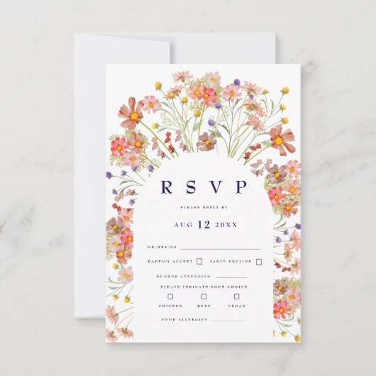 ボホワイルドフラワーネイビーブルー結婚とホワイト 出欠カード (正面)