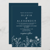 ボホワイルドフラワーネイビーブルー結婚式招待状 招待状 (正面/裏面)