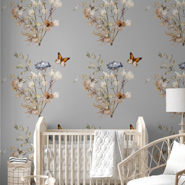 ボホワイルドフラワーバタフライフローラ 壁紙 (Boho Wildflower Floral Butterfly Nursery Wallpaper, Nursery Decor for Baby Girl, Grey Background )