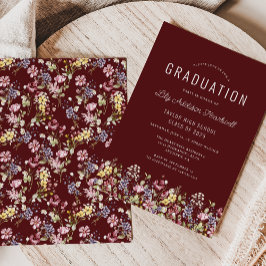 ボホワイルドフラワーパターンブルゴーニュ卒業パーティー 招待状