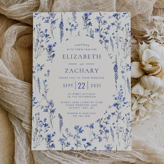 ボホワイルドフラワーパターンブルーアイボリー結婚ズ 招待状