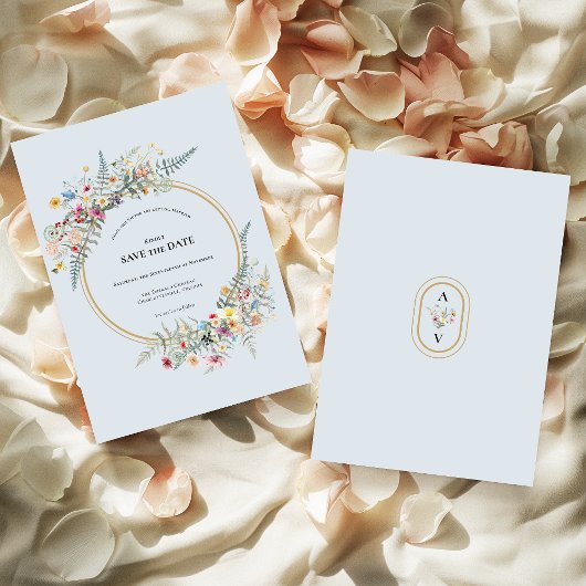 ボホワイルドフラワーファーンダスティブルー結婚ズ セーブザデート