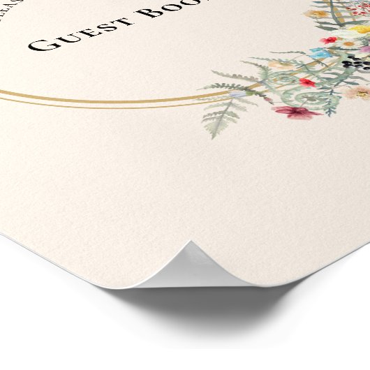 ボホワイルドフラワーファーンベージュ結婚のゲストブックサイン ポスター (角)