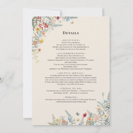 ボホワイルドフラワーファーン結婚ベージュの詳細と 招待状 (裏面)