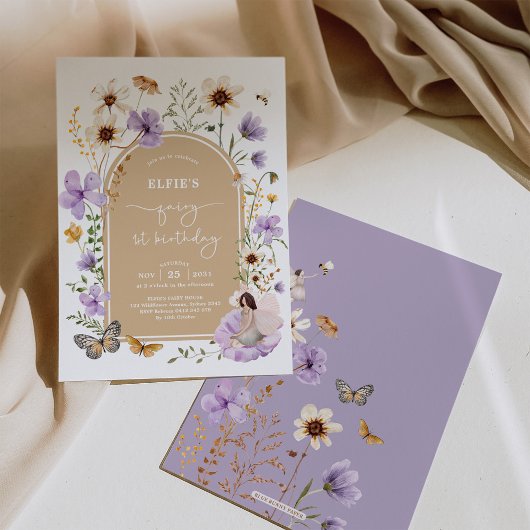 ボホワイルドフラワーフェアリー最初の誕生日ガーデンパーティー 招待状