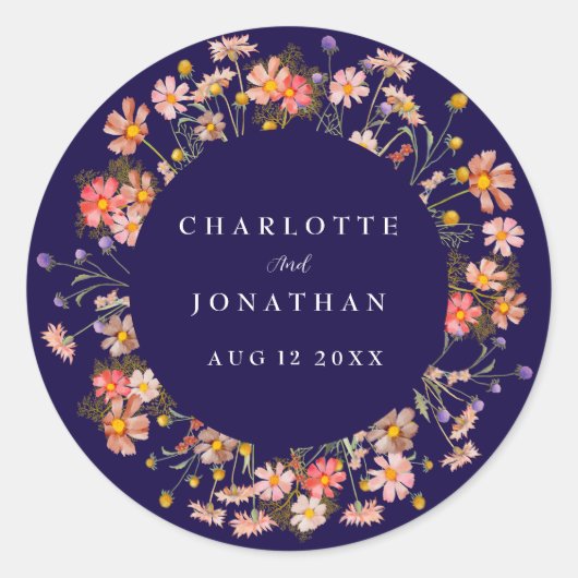 ボホワイルドフラワーフローラネイビーブルー結婚ズ ラウンドシール (正面)