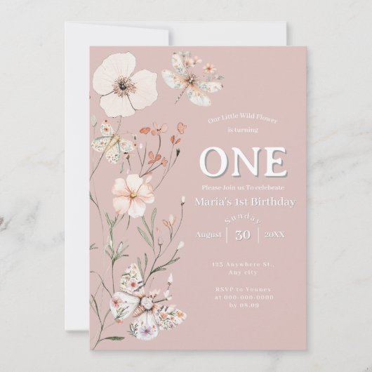 ボホワイルドフラワーフローラベビー誕生日 招待状 (正面)
