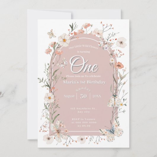 ボホワイルドフラワーフローラベビー誕生日 招待状 (正面)