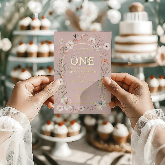 ボホワイルドフラワーフローラベビー誕生日 箔招待状