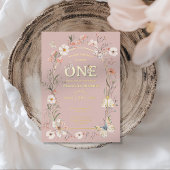 ボホワイルドフラワーフローラベビー誕生日 箔招待状