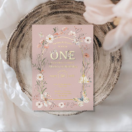 ボホワイルドフラワーフローラベビー誕生日 箔招待状