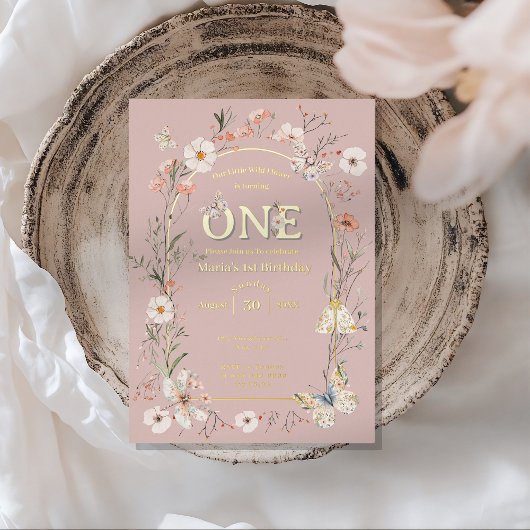 ボホワイルドフラワーフローラベビー誕生日 箔招待状