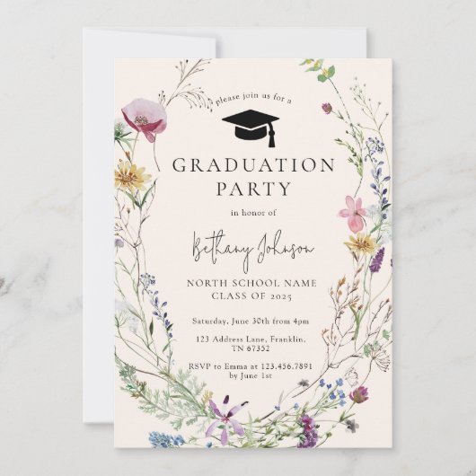 ボホワイルドフラワーフローラ写真卒業パーティー 招待状 (正面)