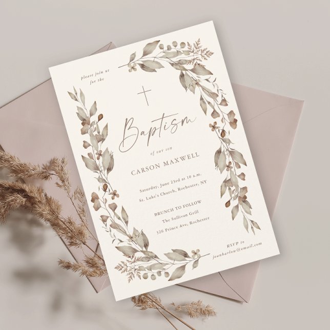 ボホワイルドフラワーフローラ男女兼用バプテスマ (Boho wildflower elegant floral ivory gender neutral baptism invitation.)