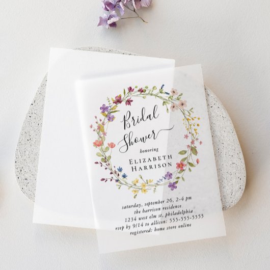 ボホワイルドフラワーブライダルシャワー ベラム紙招待状