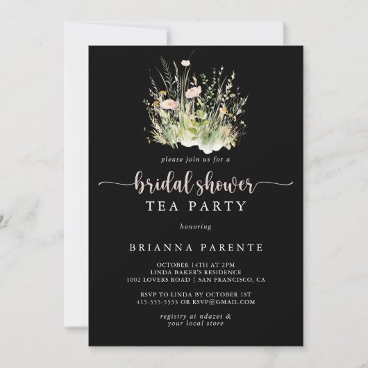 ボホワイルドフラワーブラックブライダルシャワーティーパーティー 招待状 (正面)