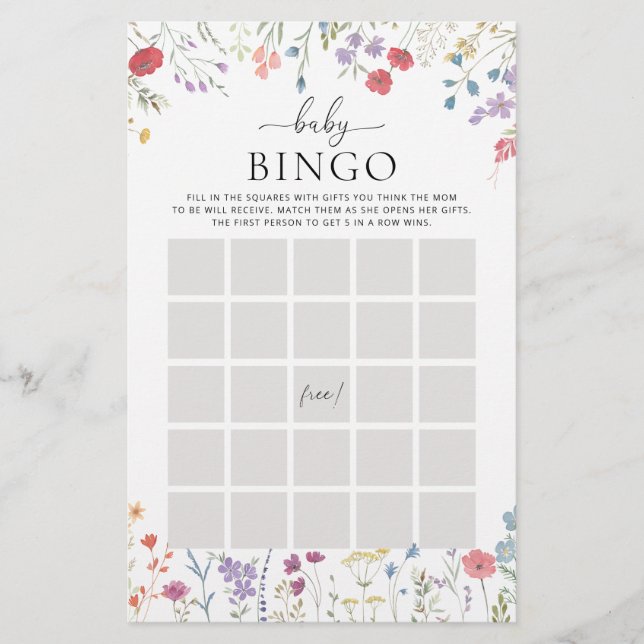 ボホワイルドフラワーベビシャワーゲームベビービンゴ (正面)