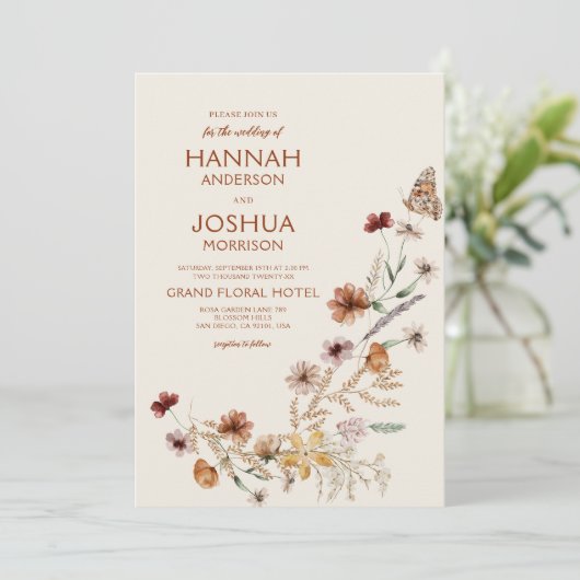 ボホワイルドフラワーベージュフォト庭園の結婚式 招待状 (スタンド正面)