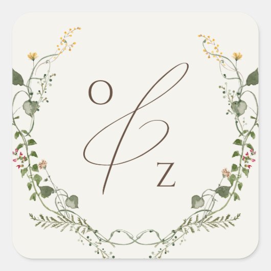 ボホワイルドフラワーベージュモノグラムリース封筒用シール スクエアシール (正面)