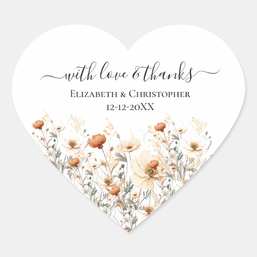 ボホワイルドフラワーベージュ結婚式の引き出物ステッカー ハートシール (正面)