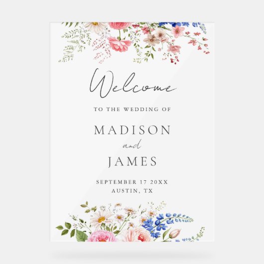 ボホワイルドフラワーミニマリストフローラ結婚ウェルカム アクリルサイン (正面)