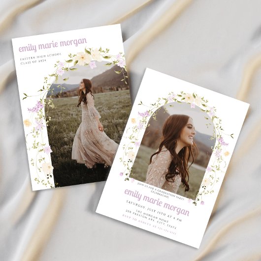 ボホワイルドフラワー写真卒業パーティー招待状 招待状