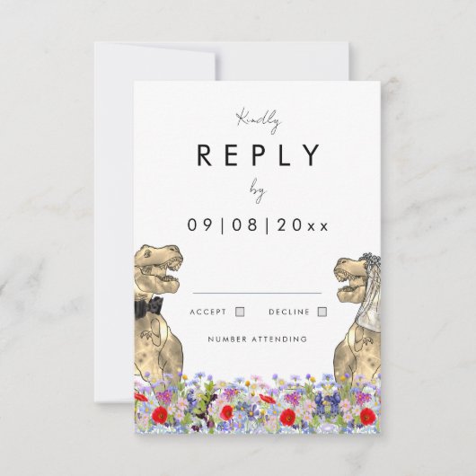 ボホワイルドフラワー恐竜テーマ結婚の返信 出欠カード (正面)