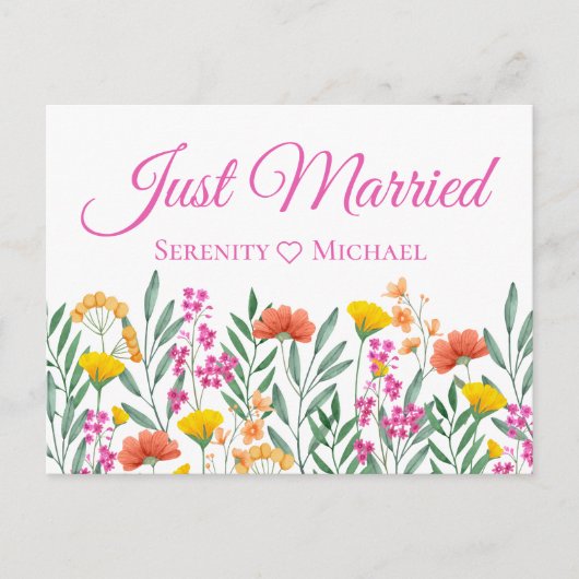 ボホワイルドフラワー春フローラ結婚たった今結婚しました 案内ポストカード (正面)