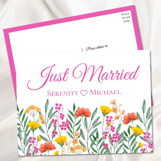 ボホワイルドフラワー春フローラ結婚たった今結婚しました 案内ポストカード