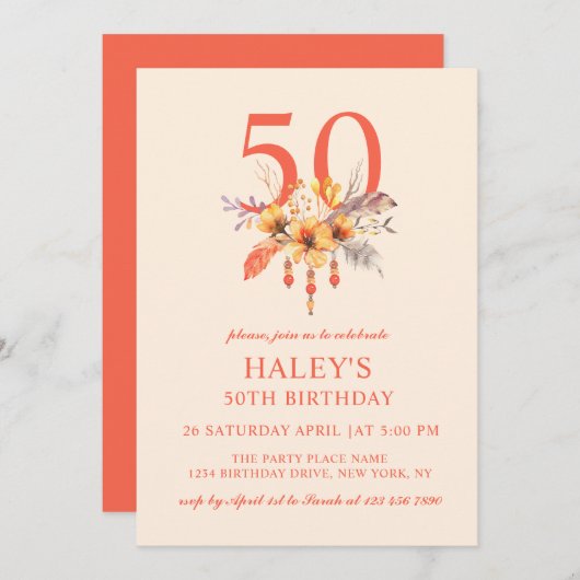 ボホワイルドフラワー秋秋フローラ50th誕生日 招待状 (正面/裏面)