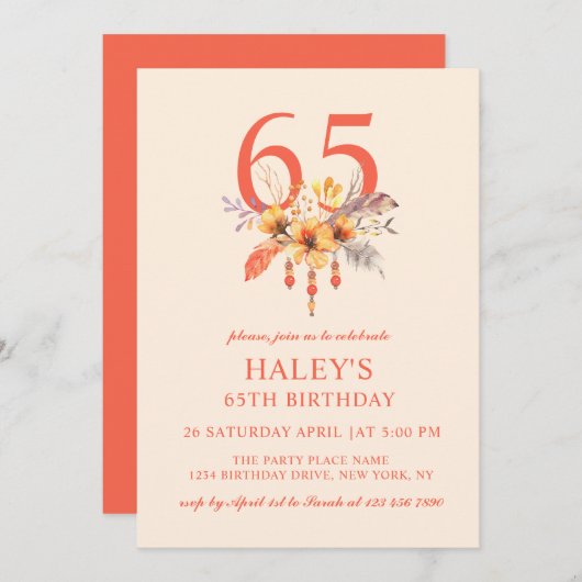 ボホワイルドフラワー秋秋フローラ65th誕生日 招待状 (正面/裏面)
