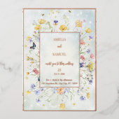 ボホワイルドフラワー素朴グリーン結婚ズ 箔招待状 (正面)