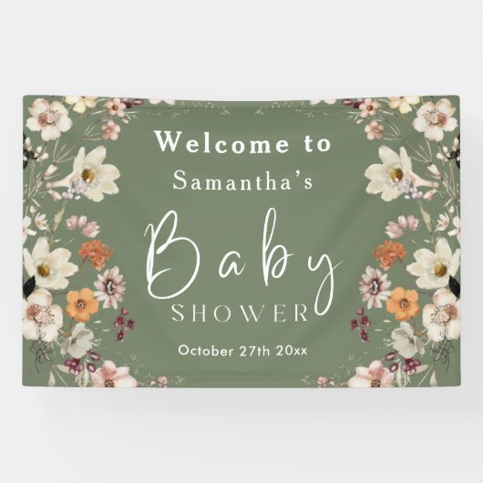 ボホワイルドフラワー素朴セージ緑の赤ちゃんシャワー 横断幕 (横)