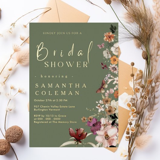 ボホワイルドフラワー素朴セージ緑ブライダルシャワー 箔招待状
