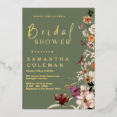 ボホワイルドフラワー素朴セージ緑ブライダルシャワー 箔招待状 (正面)