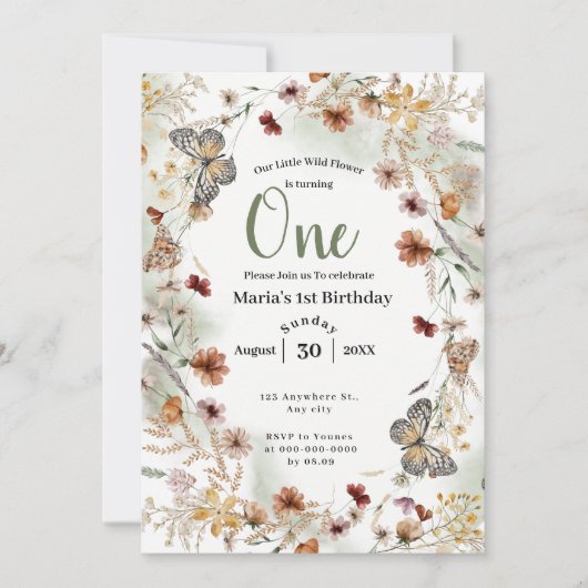 ボホワイルドフラワー素朴フローラベビー誕生日 招待状 (正面)