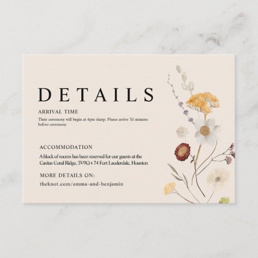 ボホワイルドフラワー結婚の詳細カード エンクロージャーカード (正面)