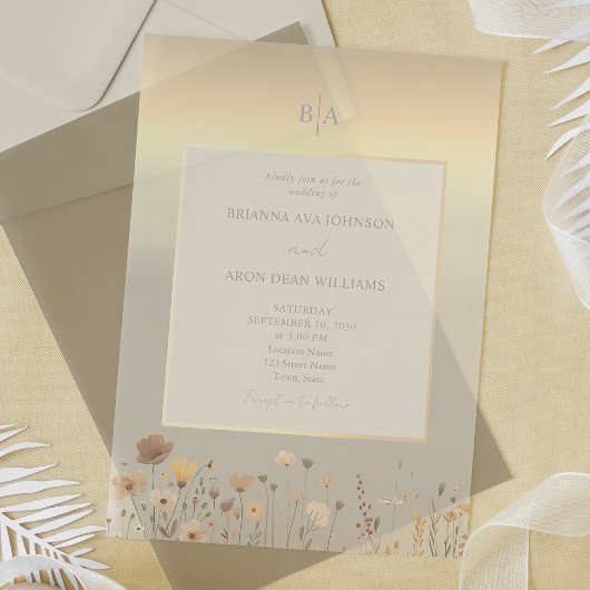 ボホワイルドフラワー結婚金ゴールド アクリル招待状