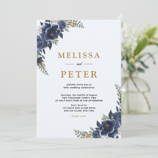 ボホワイルドフラワー金ゴールド&ネイビーブルー結婚ズ 招待状 (スタンド正面)