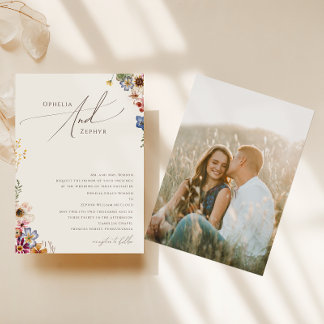 ボホワイルドフラワー |ベージュ写真伝統的結婚ズ 招待状
