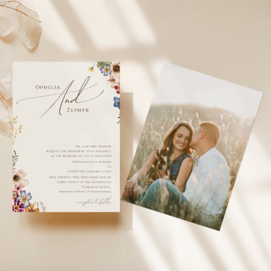ボホワイルドフラワー |ベージュ写真伝統的結婚ズ 招待状