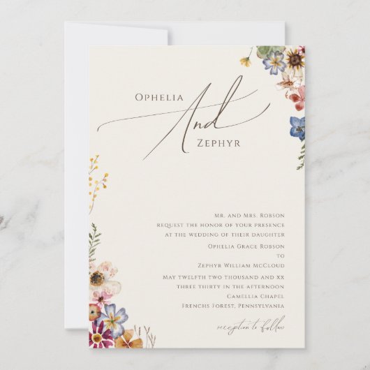 ボホワイルドフラワー |ベージュ写真伝統的結婚ズ 招待状 (正面)