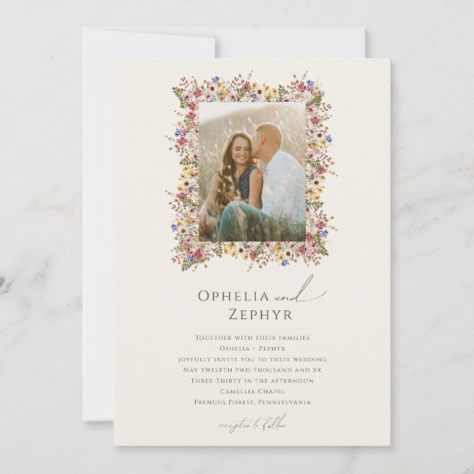 ボホワイルドフラワー | Beige Meadowフォトフレーム結婚ズ 招待状 (正面)