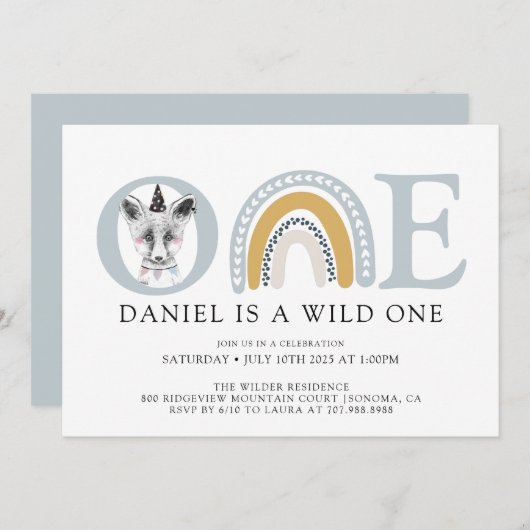 ボホワイルドワンウォーター色キツネボーイズファースト誕生日 招待状 (正面/裏面)