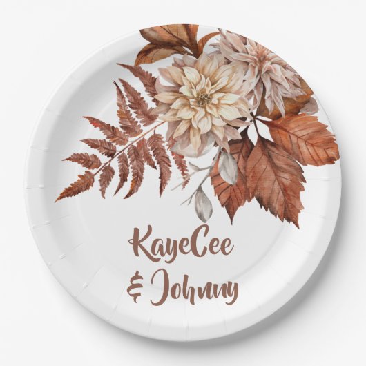 ボホヴィンテージオータムテラコッタ結婚フローラ ペーパープレート (正面)
