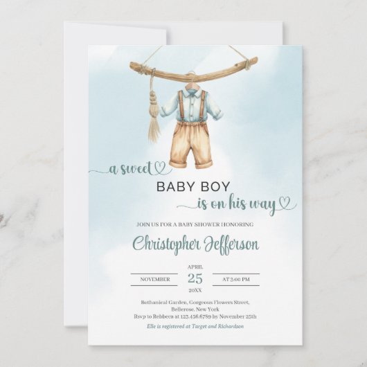 ボホヴィンテージセージ緑のニュートラルボーイベビー服 招待状 (正面)