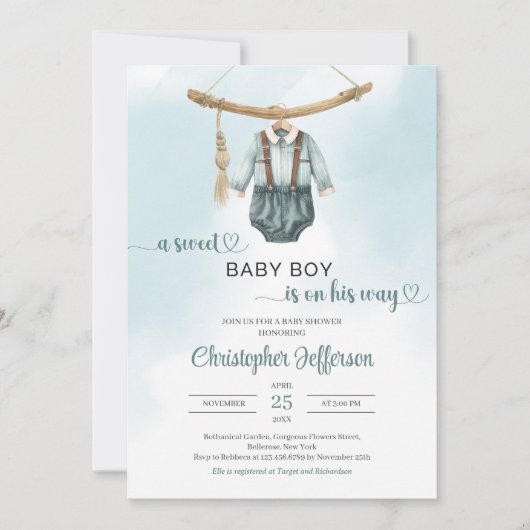 ボホヴィンテージセージ緑のニュートラル少年の赤ちゃん服 招待状 (正面)